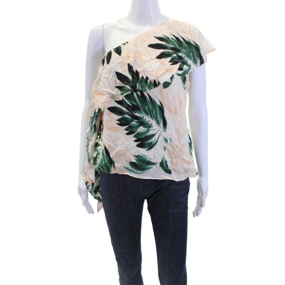 Scripted Womens Palm Print Ruffle One Shoulder Sleeveless Blouse Top Pink Size M